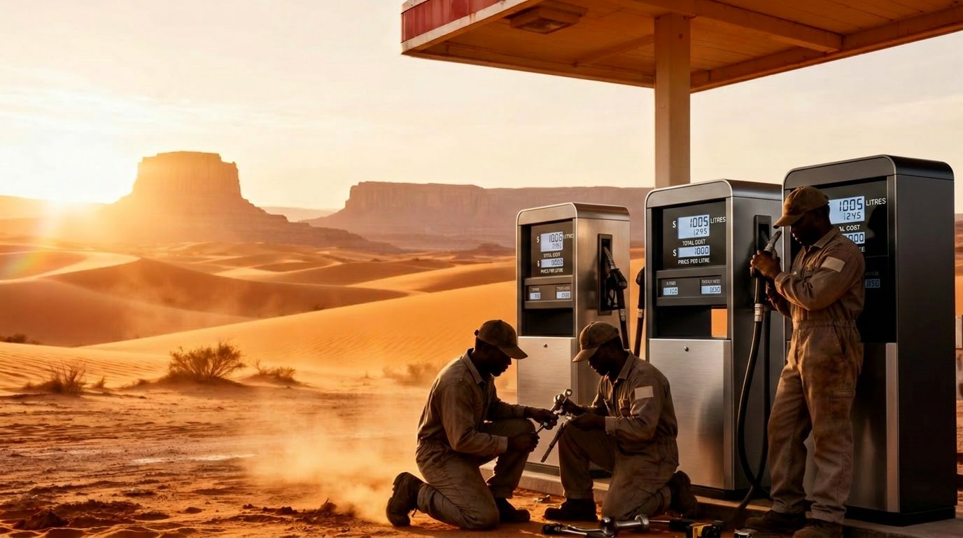 Top Grade technicians servicing fuel dispensers at a Namibian site